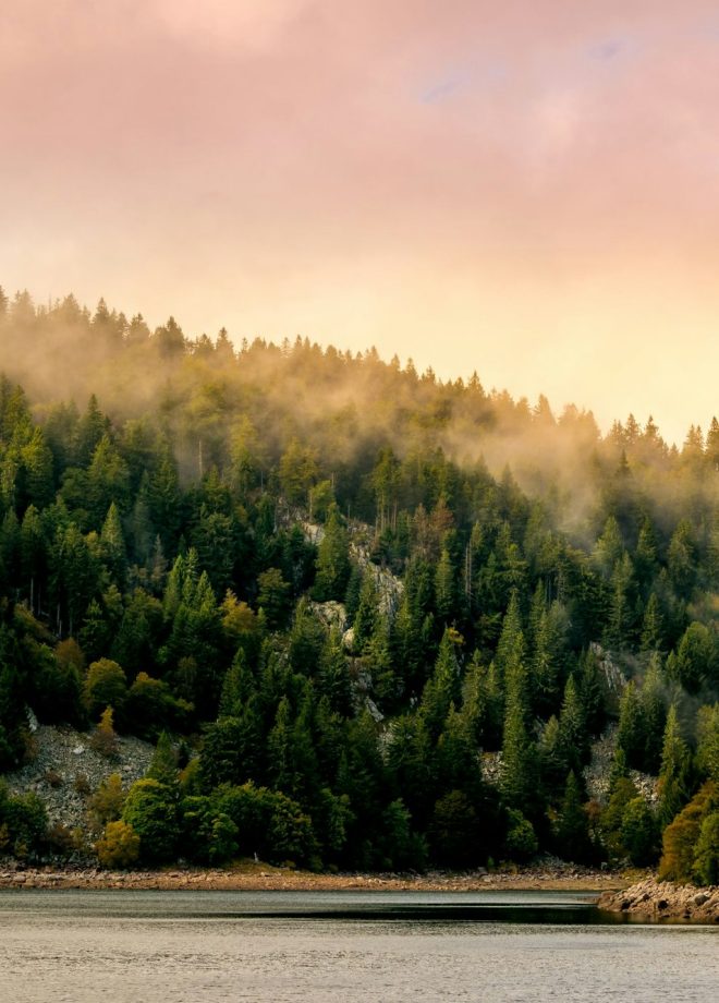 Forested mountains by the lake against the sunset sky in Lac Blanc, Vosges, France